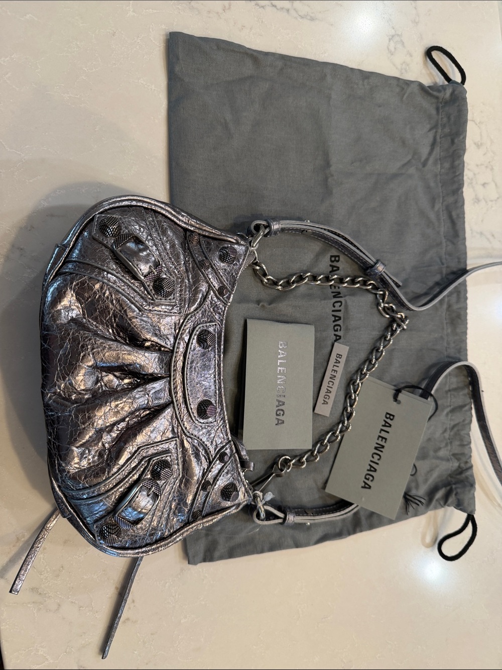 Balenciaga Metallic Silver Crinkled Leather Chain Shoulder Bag